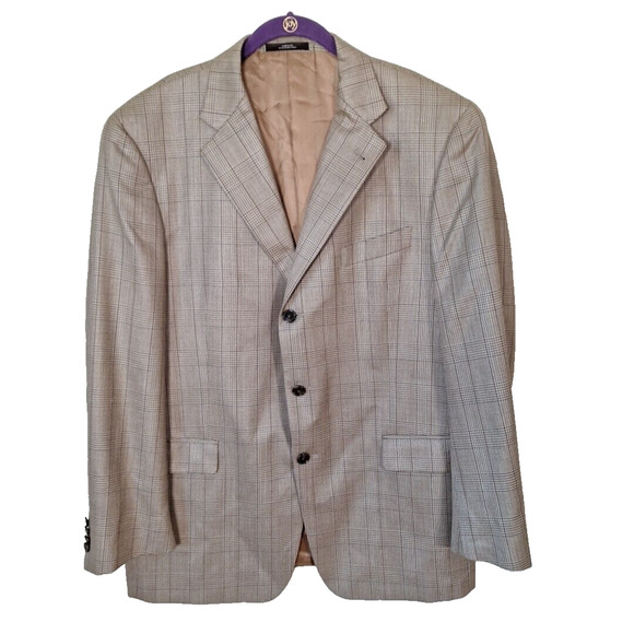 Abboud Beige Neutral Plaid 3 Button Wool Slik Plaid Sport Jacket Blazer Men 44R - Picture 1 of 13